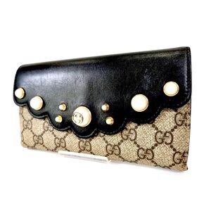 RARE GUCCI Long Wallet Black Brown PVC GG Supreme with Faux Pearls Authentic